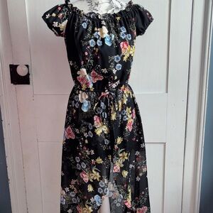 BeBop Black Floral Off Shoulder Ruffle High Low Jumpsuit Size Jr Medium
